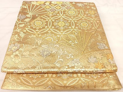 平和屋着物◎六通柄袋帯　扇面吉祥花文　金銀糸　正絹　逸品　AABK0407yx