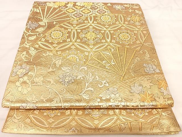 平和屋着物◎六通柄袋帯　扇面吉祥花文　金銀糸　正絹　逸品　AABK0407yx