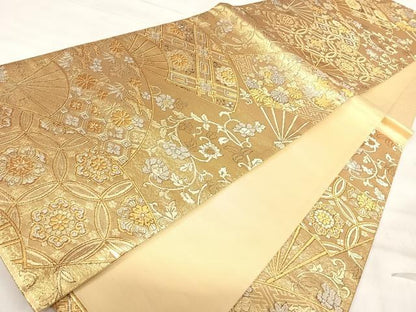 平和屋着物◎六通柄袋帯　扇面吉祥花文　金銀糸　正絹　逸品　AABK0407yx