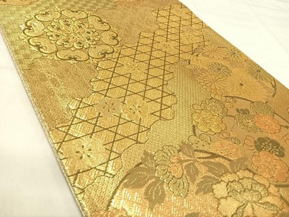 平和屋着物◎佐賀錦　六通柄袋帯　道長花丸文　金糸　正絹　逸品　AABK0408yx