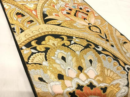 平和屋着物◎六通柄袋帯　更紗花文　黒地　金銀糸　正絹　逸品　AABK0411yx