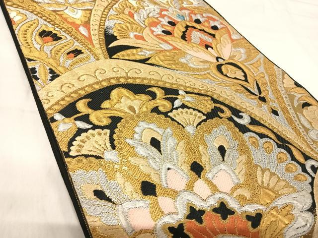 平和屋着物◎六通柄袋帯　更紗花文　黒地　金銀糸　正絹　逸品　AABK0411yx