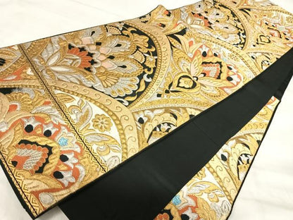 平和屋着物◎六通柄袋帯　更紗花文　黒地　金銀糸　正絹　逸品　AABK0411yx