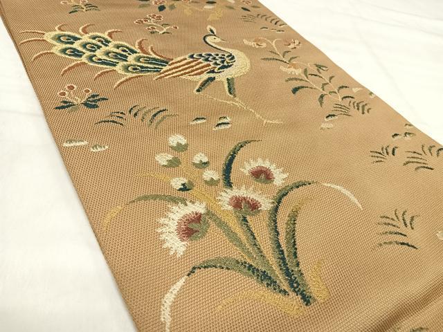 平和屋着物◎太鼓柄　本袋帯　唐織　孔雀花文　金糸　正絹　逸品　AABK0417yx