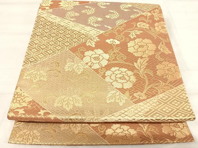 平和屋着物◎六通柄袋帯　切嵌花文　金糸　正絹　逸品　AABK0418yx