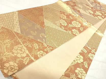 平和屋着物◎六通柄袋帯　切嵌花文　金糸　正絹　逸品　AABK0418yx