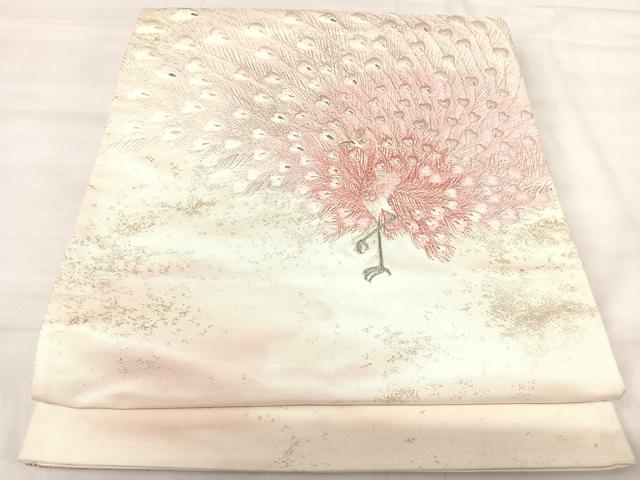 平和屋着物◎太鼓柄袋帯　刺繍　孔雀　金銀糸　正絹　逸品　AABK0420yx
