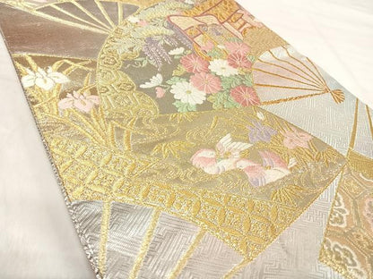 平和屋着物◎慶長佐賀錦　六通柄袋帯　唐織　扇面御所車花文　金銀糸　正絹　逸品　AABK0422yx