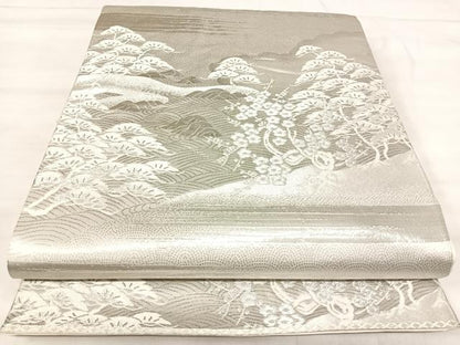 平和屋着物◎六通柄袋帯　風景花文　プラチナ箔　正絹　逸品　AABK0424yx