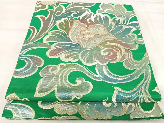 平和屋着物◎六通柄袋帯　駒刺繍　更紗花文　金銀糸　正絹　逸品　AABK0428yx