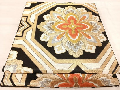 平和屋着物◎六通柄　本袋帯　唐織　花亀甲文　黒地　金銀糸　正絹　逸品　AABK0438yx