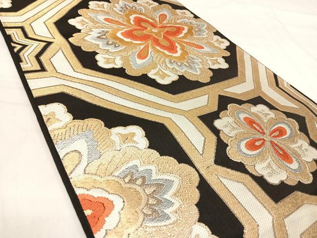 平和屋着物◎六通柄　本袋帯　唐織　花亀甲文　黒地　金銀糸　正絹　逸品　AABK0438yx