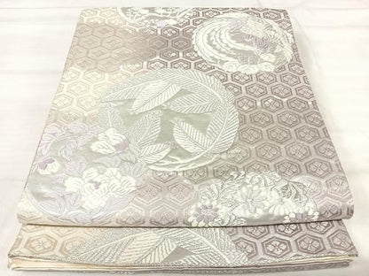 平和屋着物◎六通柄袋帯　唐織　鳳凰花丸文　銀糸　正絹　逸品　AABK0439yx