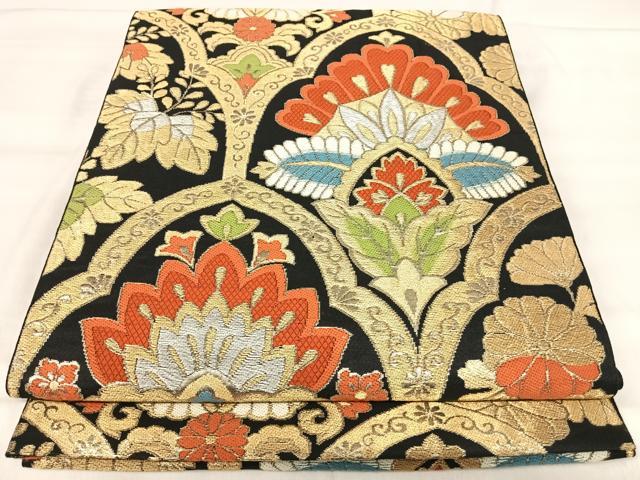 平和屋着物◎六通柄　本袋帯　唐織　更紗花文　黒地　金銀糸　正絹　逸品　AABK0443yx