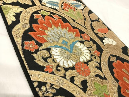 平和屋着物◎六通柄　本袋帯　唐織　更紗花文　黒地　金銀糸　正絹　逸品　AABK0443yx