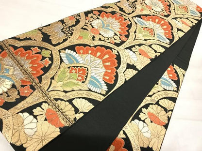 平和屋着物◎六通柄　本袋帯　唐織　更紗花文　黒地　金銀糸　正絹　逸品　AABK0443yx