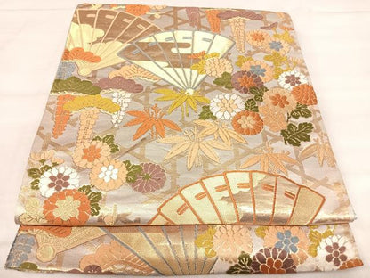 平和屋着物◎六通柄袋帯　唐織　扇面吉祥花文　金糸　正絹　逸品　AABK0444yx