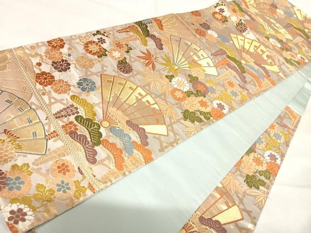 平和屋着物◎六通柄袋帯　唐織　扇面吉祥花文　金糸　正絹　逸品　AABK0444yx