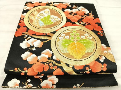 平和屋着物◎六通柄袋帯　唐織　吉祥花蝶丸文　黒地　金糸　正絹　逸品　AABK0445yx