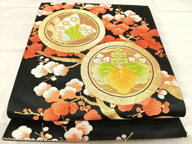 平和屋着物◎六通柄袋帯　唐織　吉祥花蝶丸文　黒地　金糸　正絹　逸品　AABK0445yx