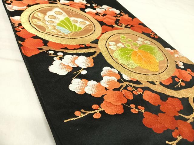 平和屋着物◎六通柄袋帯　唐織　吉祥花蝶丸文　黒地　金糸　正絹　逸品　AABK0445yx
