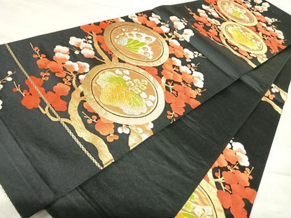 平和屋着物◎六通柄袋帯　唐織　吉祥花蝶丸文　黒地　金糸　正絹　逸品　AABK0445yx