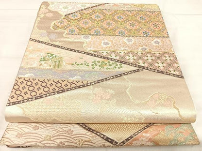 平和屋着物◎六通柄袋帯　唐織　裂取道長能衣文　金銀糸　正絹　逸品　AABK0447yx