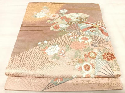 平和屋着物◎六通柄袋帯　唐織　扇面鳳凰花文　金糸　正絹　逸品　AABK0448yx