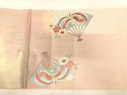 平和屋着物◎六通柄袋帯　唐織　扇面鳳凰花文　金糸　正絹　逸品　AABK0448yx