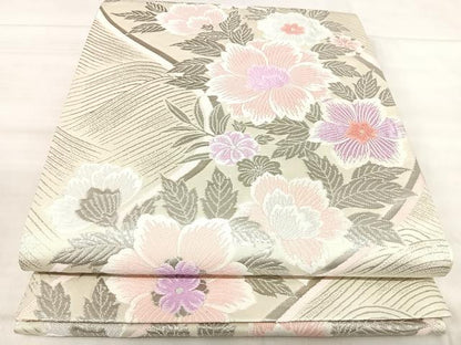 平和屋着物◎六通柄袋帯　唐織　草花文　銀糸　正絹　逸品　AABK0449yx