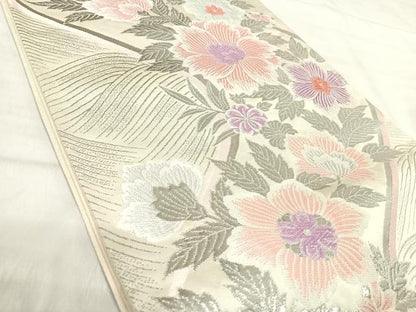 平和屋着物◎六通柄袋帯　唐織　草花文　銀糸　正絹　逸品　AABK0449yx