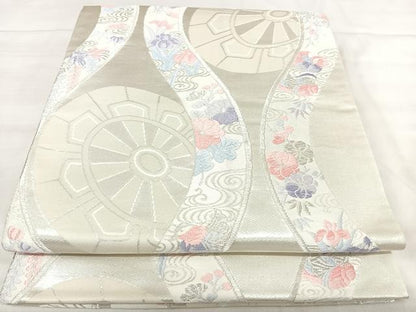 平和屋着物◎六通柄袋帯　唐織　立涌鴛鴦花文　銀糸　正絹　逸品　AABK0452yx
