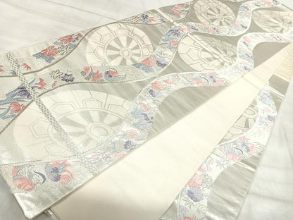平和屋着物◎六通柄袋帯　唐織　立涌鴛鴦花文　銀糸　正絹　逸品　AABK0452yx