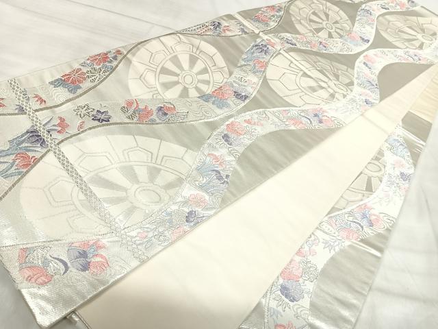 平和屋着物◎六通柄袋帯　唐織　立涌鴛鴦花文　銀糸　正絹　逸品　AABK0452yx