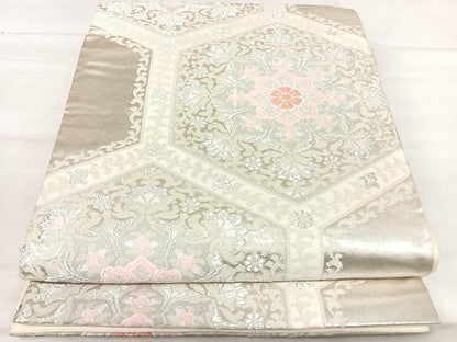 平和屋着物◎六通柄袋帯　唐織　亀甲花文　銀糸　正絹　逸品　AABK0453yx