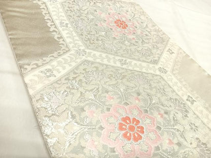 平和屋着物◎六通柄袋帯　唐織　亀甲花文　銀糸　正絹　逸品　AABK0453yx