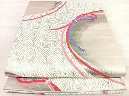 平和屋着物◎六通柄袋帯　唐織　孔雀羽文　プラチナ箔二重織　正絹　逸品　AABK0456yx