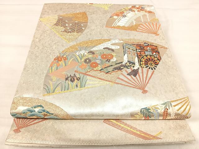 平和屋着物◎太鼓柄袋帯　唐織　扇面御所車花文　本銀摺箔　正絹　逸品　AABK0458yx