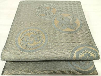 平和屋着物◎両面全通柄袋帯　唐織　吉祥花鳥丸文　金糸　正絹　逸品　AABK0464yx