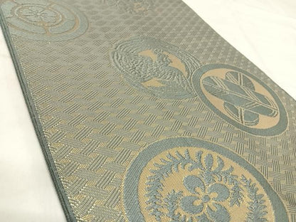 平和屋着物◎両面全通柄袋帯　唐織　吉祥花鳥丸文　金糸　正絹　逸品　AABK0464yx