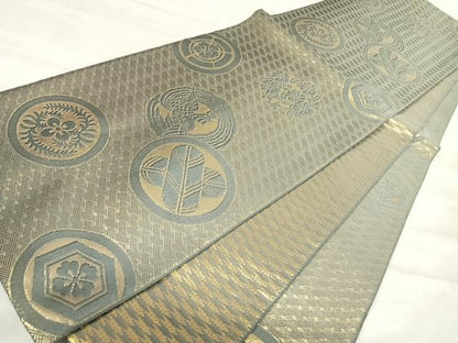 平和屋着物◎両面全通柄袋帯　唐織　吉祥花鳥丸文　金糸　正絹　逸品　AABK0464yx