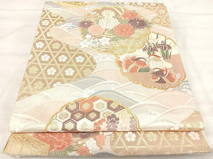 平和屋着物◎六通柄袋帯　唐織　雪輪重ね鴛鴦花文　金銀糸　正絹　逸品　AABK0465yx