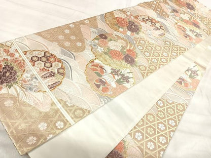 平和屋着物◎六通柄袋帯　唐織　雪輪重ね鴛鴦花文　金銀糸　正絹　逸品　AABK0465yx