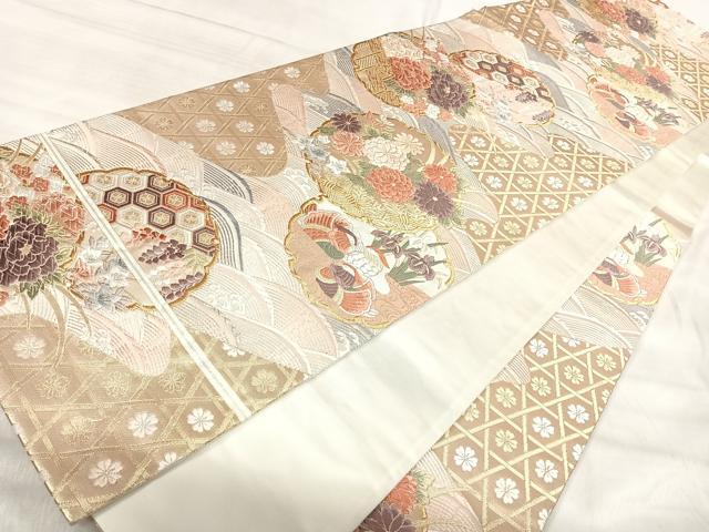 平和屋着物◎六通柄袋帯　唐織　雪輪重ね鴛鴦花文　金銀糸　正絹　逸品　AABK0465yx