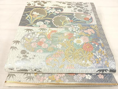 平和屋着物◎六通柄袋帯　唐織　エ霞花車文　金銀糸　正絹　逸品　AABK0467yx