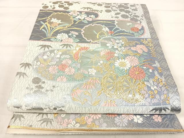 平和屋着物◎六通柄袋帯　唐織　エ霞花車文　金銀糸　正絹　逸品　AABK0467yx