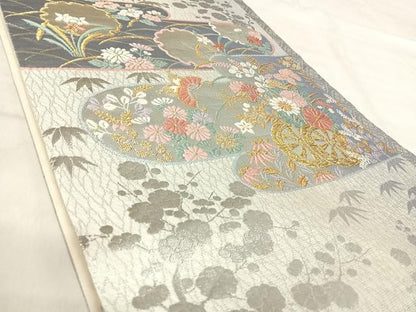 平和屋着物◎六通柄袋帯　唐織　エ霞花車文　金銀糸　正絹　逸品　AABK0467yx