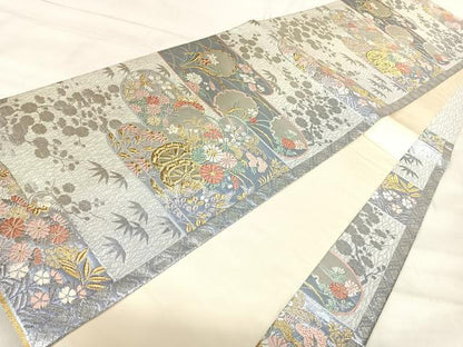 平和屋着物◎六通柄袋帯　唐織　エ霞花車文　金銀糸　正絹　逸品　AABK0467yx
