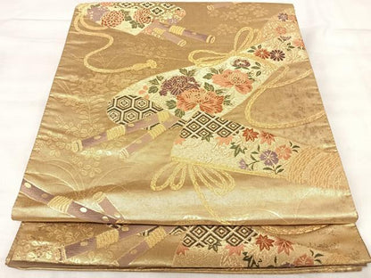 平和屋着物◎六通柄袋帯　唐織　楽器花文　金糸　正絹　逸品　AABK0469yx