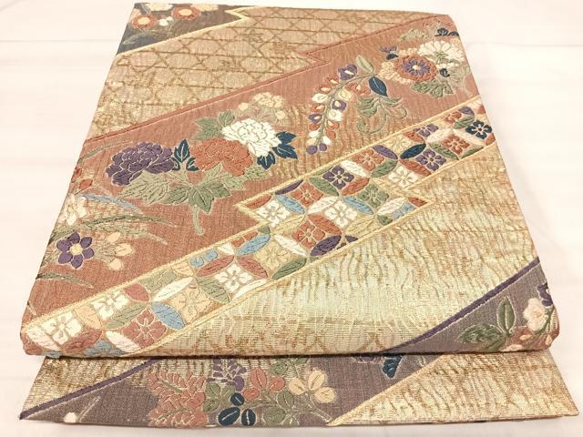 平和屋着物◎六通柄袋帯　唐織　草花文　金糸　正絹　逸品　AABK0470yx
